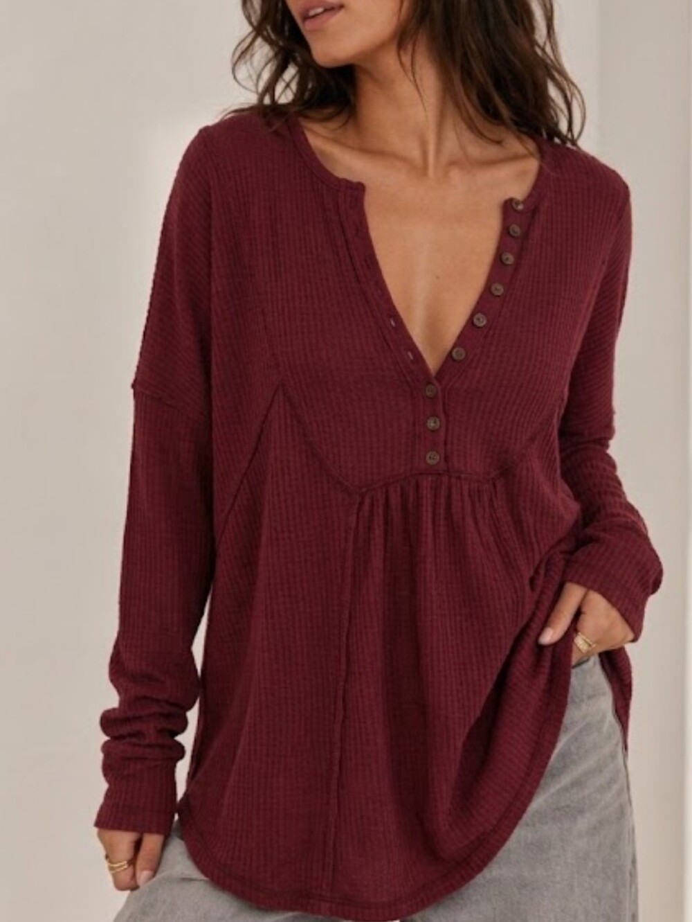 Free People Leo Burgundy Waffle Henley Long Sleeve Top Size Large Boho